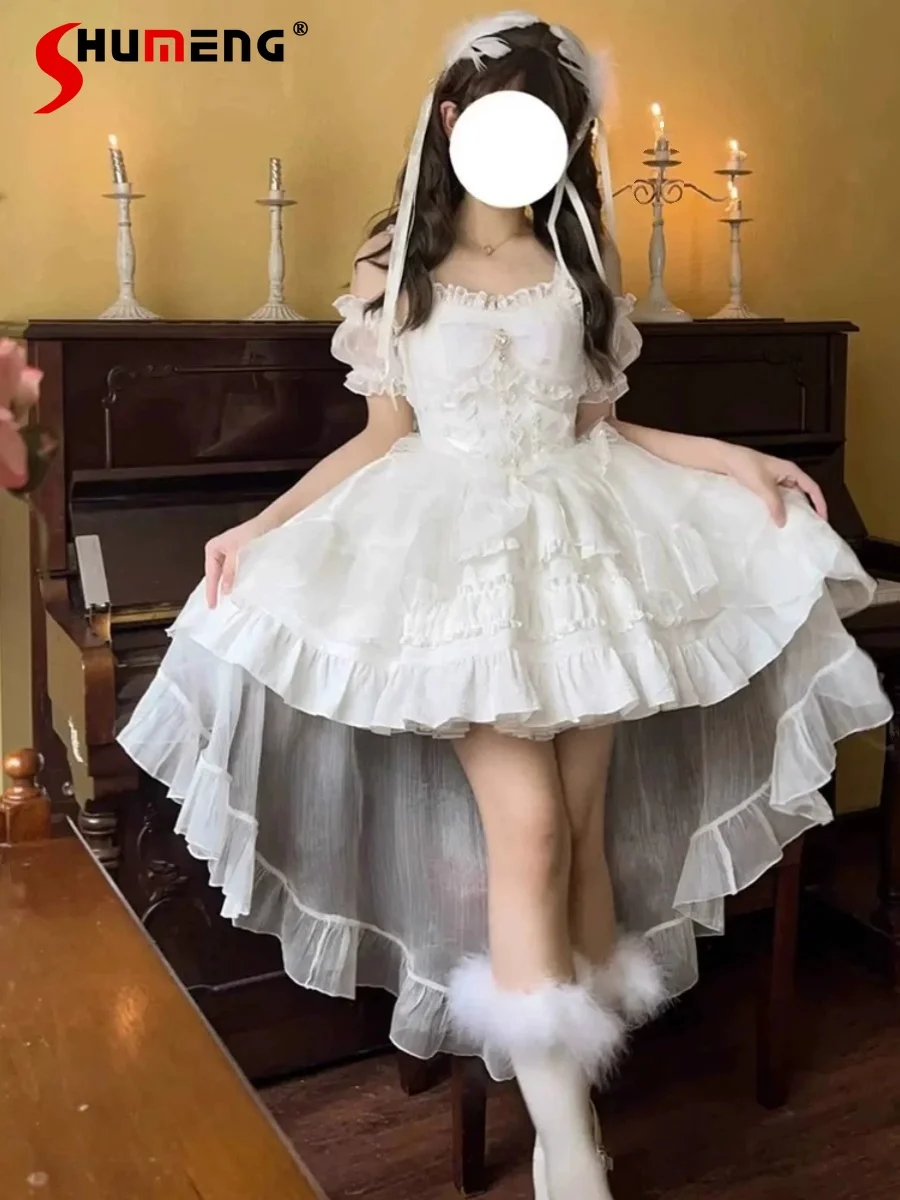 

Japanese Sweet Lolita Princess Dress Mesh Stitching Big Bow Trailing Ruffled Sleeveless High Waist Slim Ball Gown Dress Women