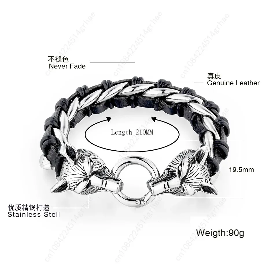فاسق الصخرة الذهب والفضة اللون رجل مجوهرات 316L الفولاذ المقاوم للصدأ مع جلد طبيعي التفاف سوار الرجال كول مزدوجة الذئب رئيس الحيوان