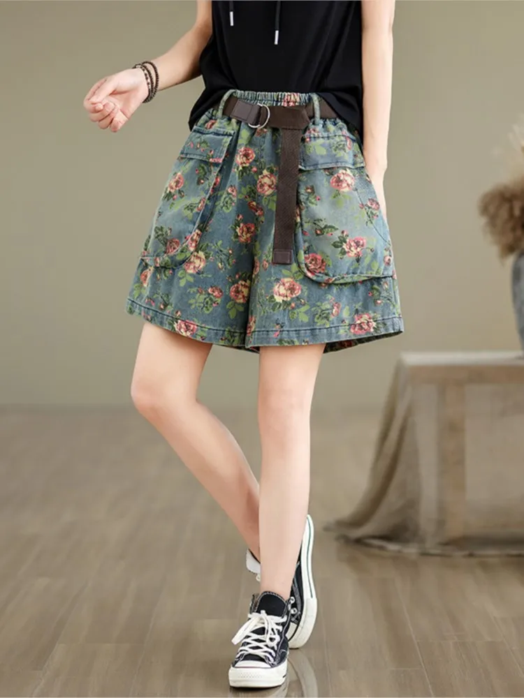 Jeans Summer Flower Print Mini Wide Leg Shorts Women Casual Modis Loose Ladies Trousers Ruffle Pleated Woman Elastic Waist Short