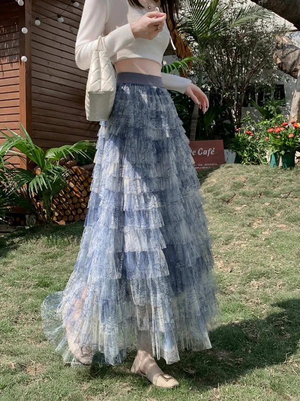 Elegant Overskirt Half Skirt Women's Puffy Tulle Skirt Layered Fairy Tale Long Skirt High Waist Cake Skirt Polyester Fiber