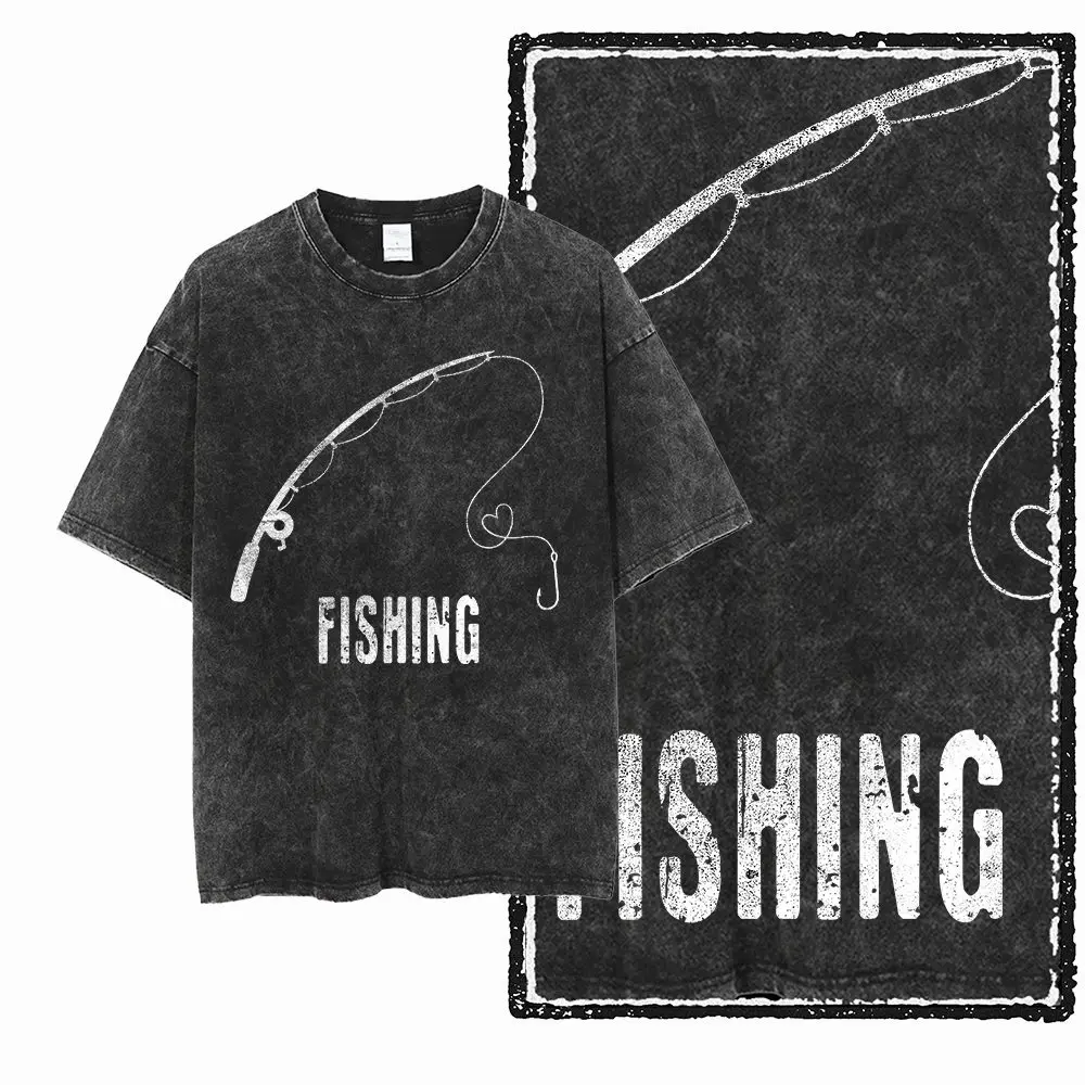 2025 الصيف G68 حمض 100% القطن الخالص المطبوعة غسلها تي شيرت رجالي أسود كول الصيد حجم كبير س الرقبة تنفس فضفاض خمر