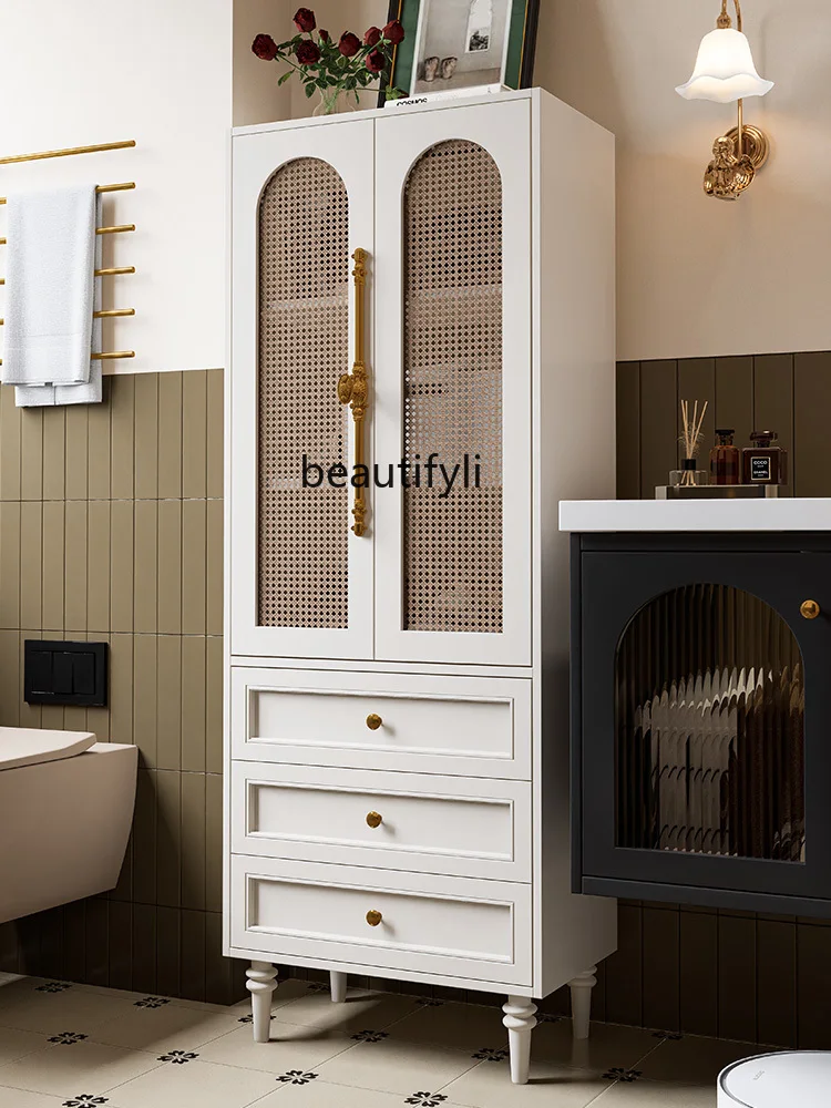 Rubber wood paint vertical cabinet French bathroom  Side cabinet  Walnut towel Narrow cabinet Storage