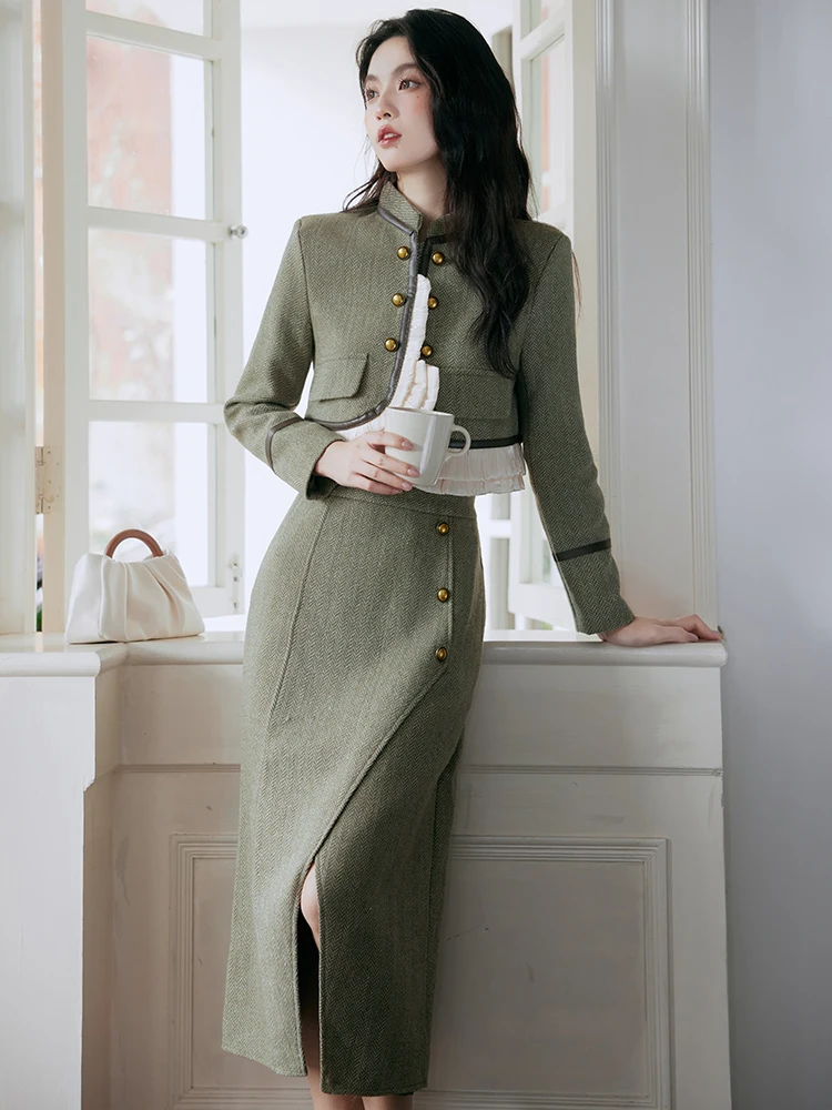 Korean Fashion Vintage 2 Two Piece Set Womens Outfits Autumn Long Sleeve Short Jacket Crop Coat+ Pencil Split Skirt Suits