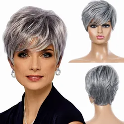 European and American Wigs Women's Short Straight Synthetic With Bangs Hair Silver Gray Chemical Fiber Daily Use Fashion Headgea