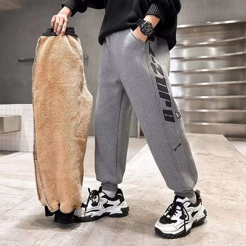 Boys Winter Thick Warm Pants Children's Plush Velvet Cotton Trousers Big Kids Padded Snow Sweatpants Teenager Casual Clothing