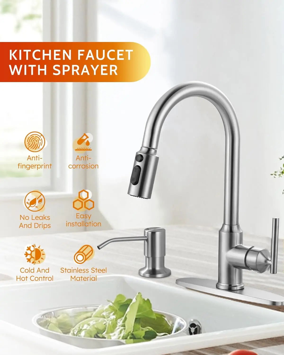 Kitchen Faucets with Soap Dispenser with Pull Down Sprayer, High Arc Single Handle Stainless Steel Sink Faucets 1 or 3 Hole, Kit