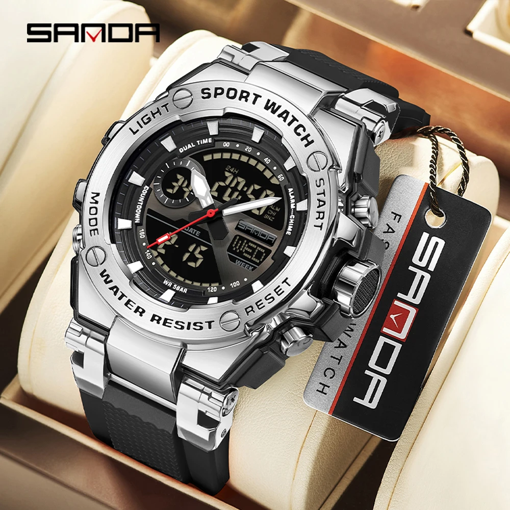 

Модные мужские электронные часы SADNA, спортивные многофункциональные водонепроницаемые ночники с двойным дисплеем, роскошные мужские электронные часы