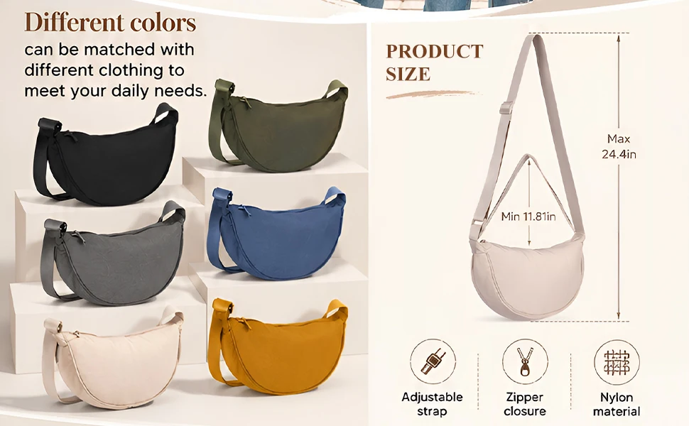 Nylon Halbmond-Umhängetasche für Damen und Herren, Leichte Arbeits- und Reisetasche, Lässige Halbmond-Schultertasche – Detail 9