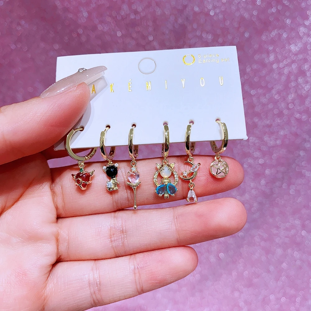 MIGGA 6pcs Mix Design Anime Cartoon Dangle Earrings Set Gold Color Cubic Zircon Women Girls Gift Jewelry