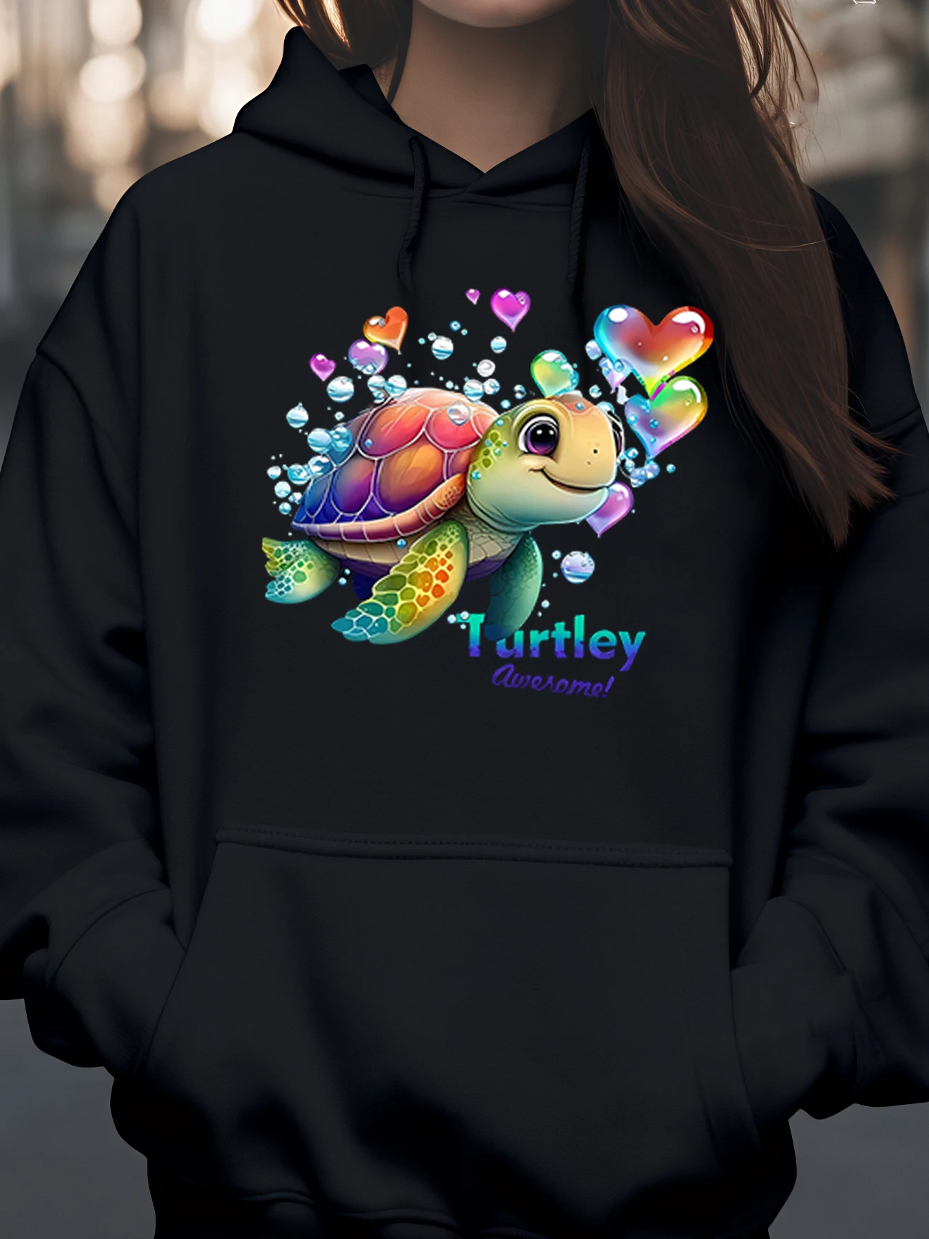 Rainbow Turtle Heart Print Hoodie Valentine's Day Casual Wear Women's Fashion