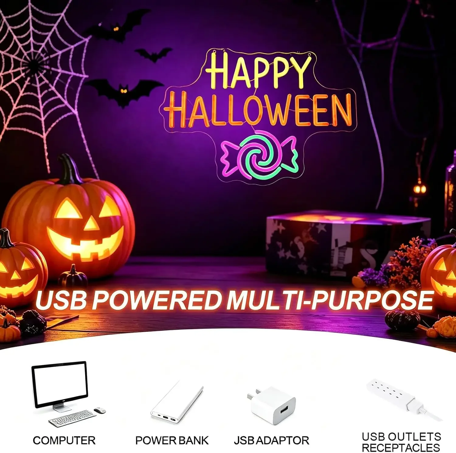 Happy Halloween Neon Sign, USB Powered LED Neon Light, Halloween Party Gaming Room Bedroom Bar Holiday Decoration Gift