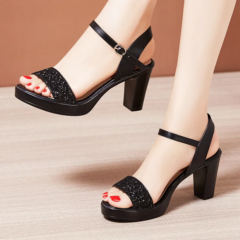 New Women Sandals 10CM Coarse Following Peep Toe Platform High Heel Summer 2025 Models Cheongsam Catwalk Shoes Sexy Sequins Shoe