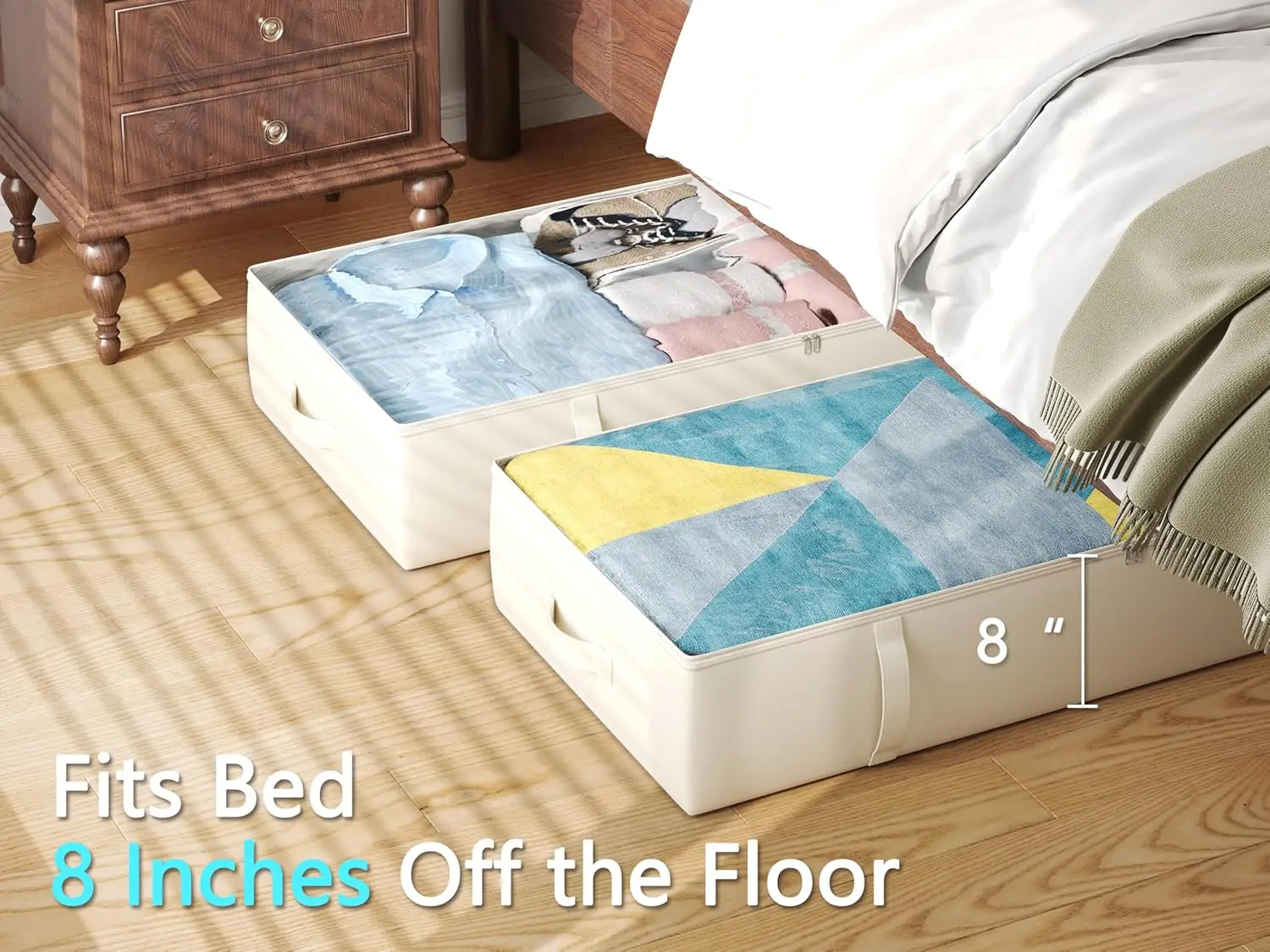 2 упаковки контейнеров для хранения под кроватью, органайзер высотой 8 дюймов с прочной конструкцией для экономии места, бежевый