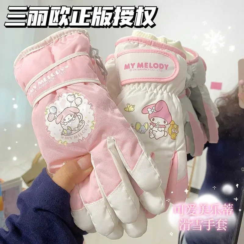 

New Sanrio My Melody Anime Cartoon Innovative Ski Gloves Winter Warmth Cute Girls Cinnamon Plush Cold Snow Cotton Gloves Gift