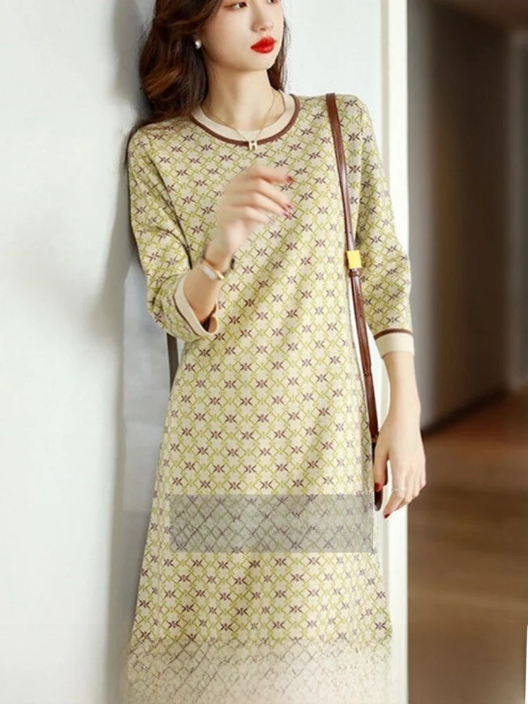 

Faionable Seven-Sve Dr Women's Spring Autumn Loose Ele Small Fraance Sle Korean Version A-Line Dr