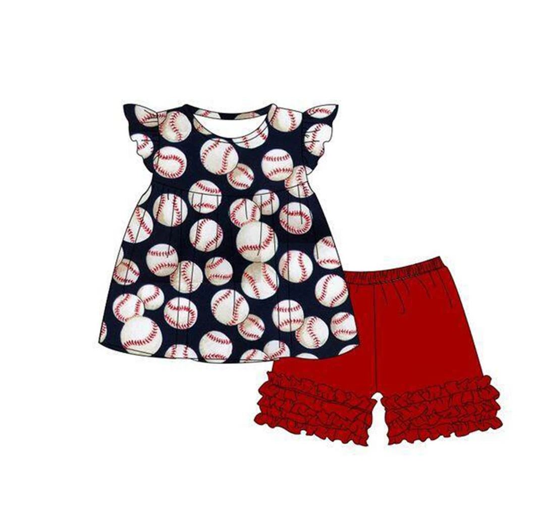 

Baby summer clothing baseball print baby girl flutter sleeve clothing children matching set boutique wholesale