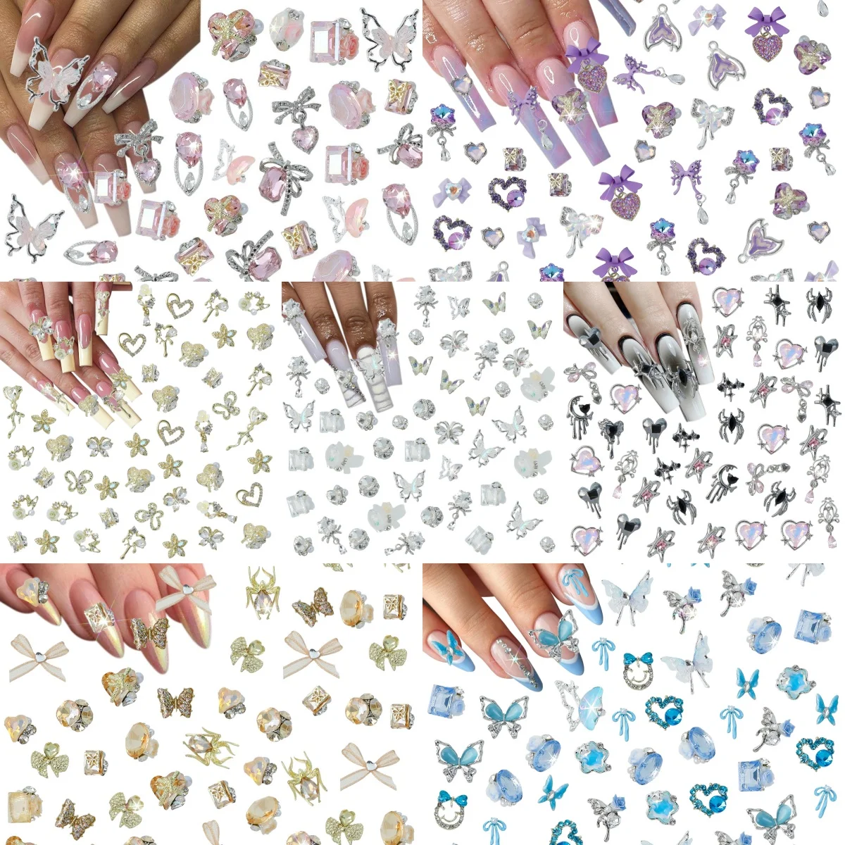 20/22Pcs 3D Luxury Alloyเล็บCharms 10 รูปร่างผีเสื้อ/หัวใจ/โบว์/ดอกไม้Y2Kตกแต่งเล็บDIYเล็บRhinestonesอุปกรณ์เสริม