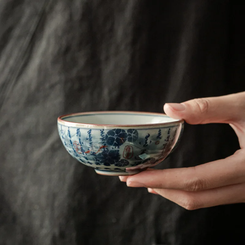 Antique Chinese Calligraphy Water Cups Lotus Beautiful Tea Cup Set  Teaware Vintage Fish Mugs For Tea Ceremony Teacup
