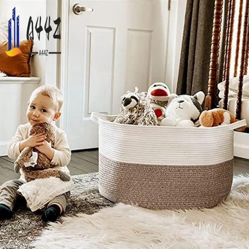 

A44Z-Cotton Rope Basket About 22Inch X 14Inch Woven Baby Laundry Blanket Basket Toy Basket With Handle Storage Comforter