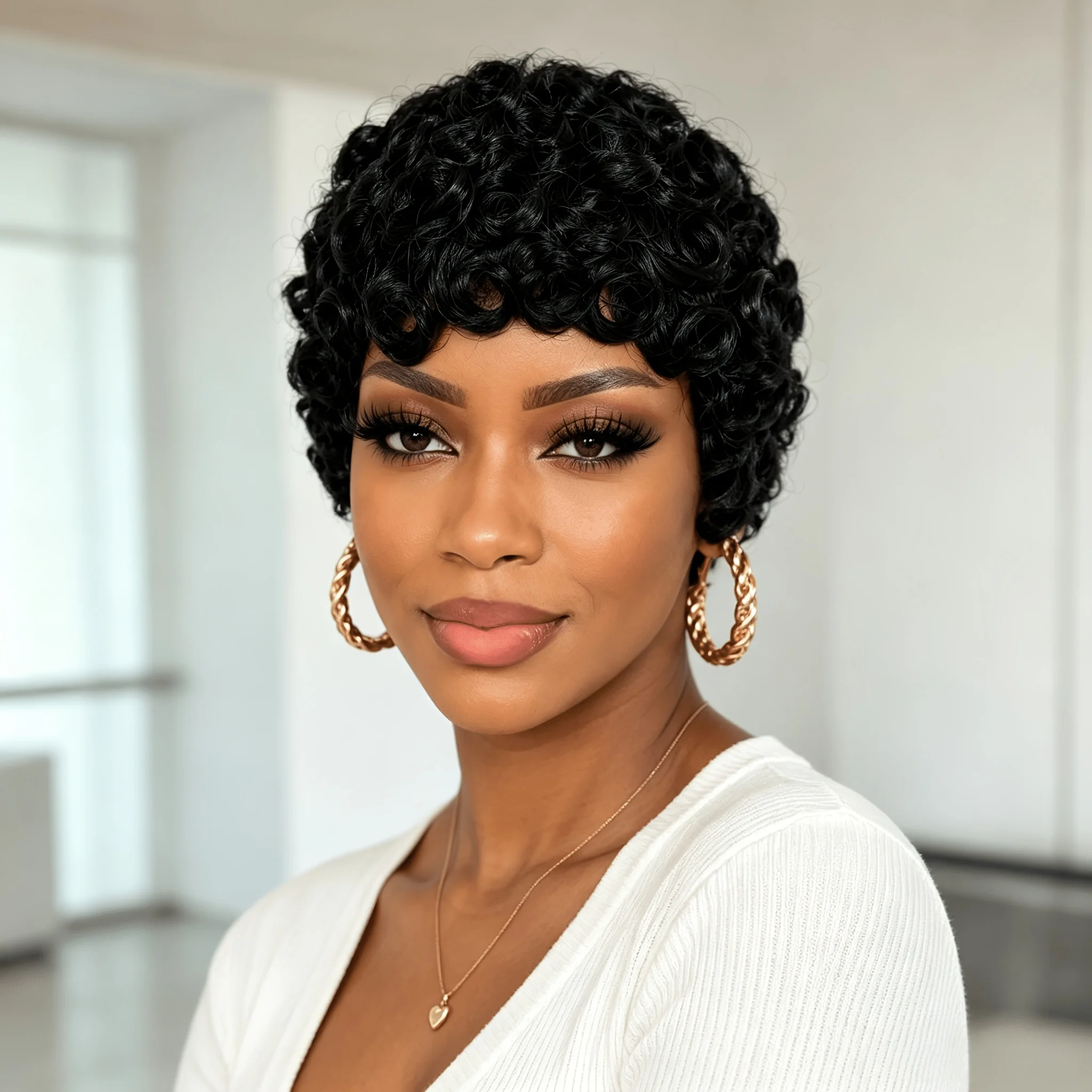 Women's Curly Wave Brazilian Human Hair Wig Brazilian-Remy Human Hair Wig for Women Full Machine Made Human Hair Pixie Cut Wig
