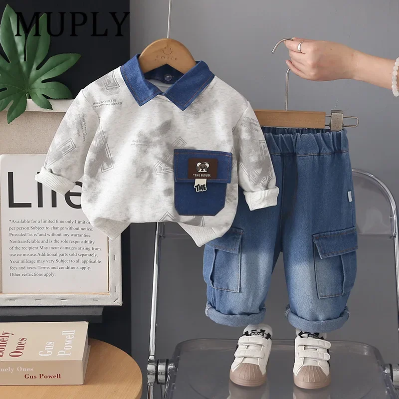 Boys 2 Pcs Cotton Polo Shirt & Pants Set Long Sleeve Spring Autumn Casual Outfit Fashion Sportswear for Kids 1-5 Years