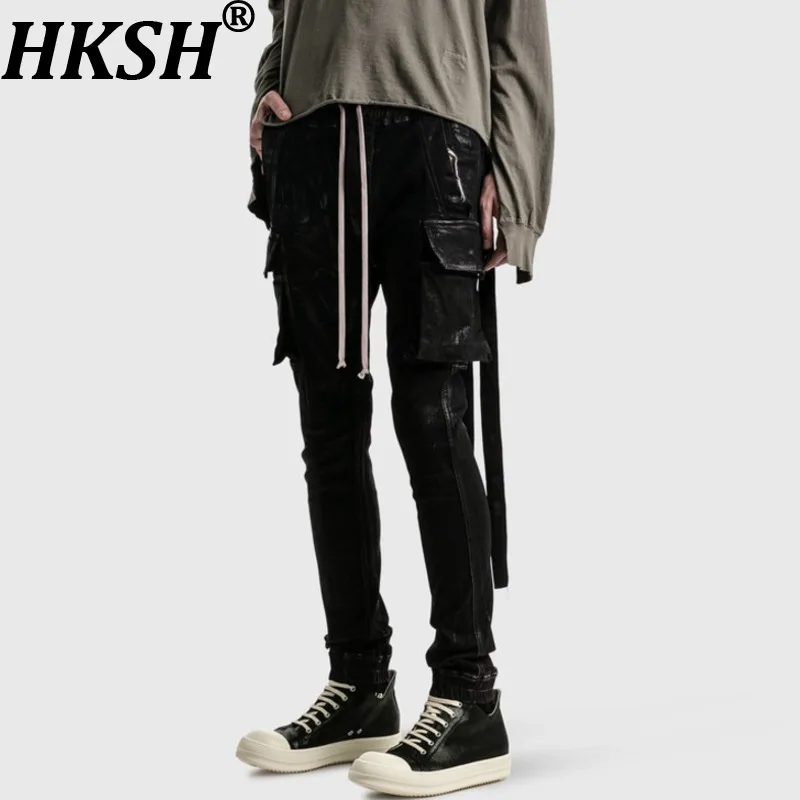 

HKSH Spring Autumn New Men Tide Dark Trend RO Coated Brushed Waxed Jeans Elastic Slim Fit Casual Pants Denim Pants Women HK19159