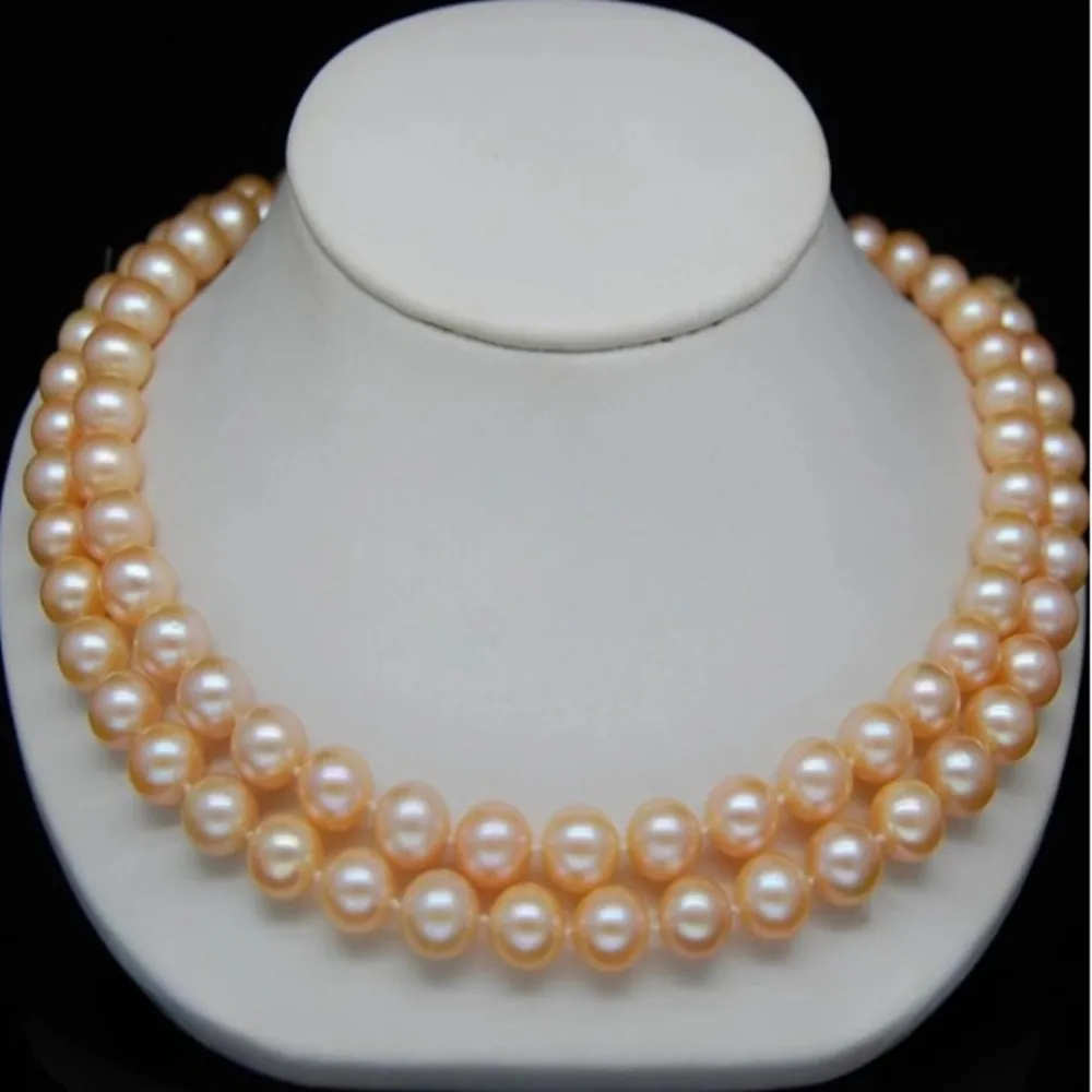 

Hand knotted necklace natural 8-9mm pink freshwater pearl sweater chain nearly round pearl 32inch