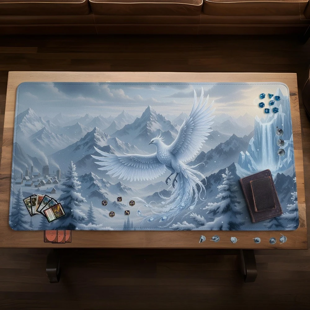 Ice Phoenix TCG Playmat, Fantasy Gaming Mat, Non Slip, Cloth Surface, White Winter Mountain Landscape, Gift for Card Gamers