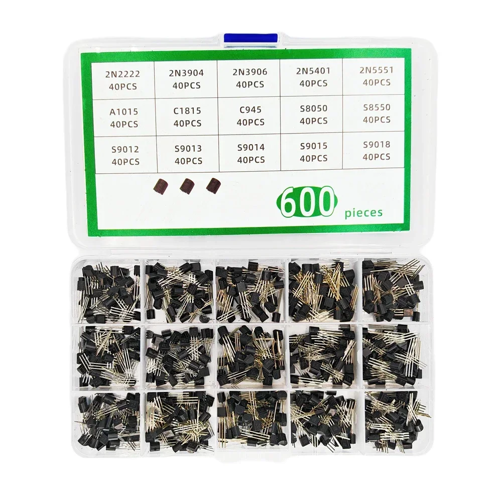 600Pcs 15 Values X 40 Pcs TO-92 Transistor Assortment Kit 2N2222 2N3904 2N3906 C945 S8050 S8550 S9014 S9013 PNP NPN Transistors