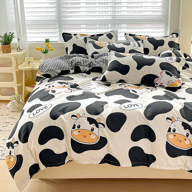 Cartoon Cow Print Duvet Cover Black White Comforter Covers Milk Cow Animal Bedding Reversible Plaid Teen Boys Girls Room Decor