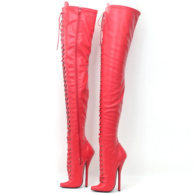 CACA 18CM  Thin Heel Women Thigh High Bellet Boots,Men Bed Cosplay Shoes,Sexy Over The Knee Long Botas,Side Zipper,Red,Black,