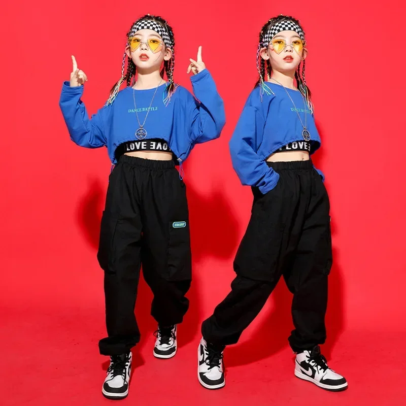 Kid Kpop Hip Hop Clothing Blue Crop Top Long Sleeve T Shirt Streetwear Cargo Jogger Pants for Girl Jazz Dance Costume Clothes