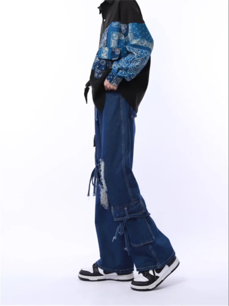 2023 American fashion street dark blue lacing hole wide leg casual pants men\'s and women\'s loose jeans