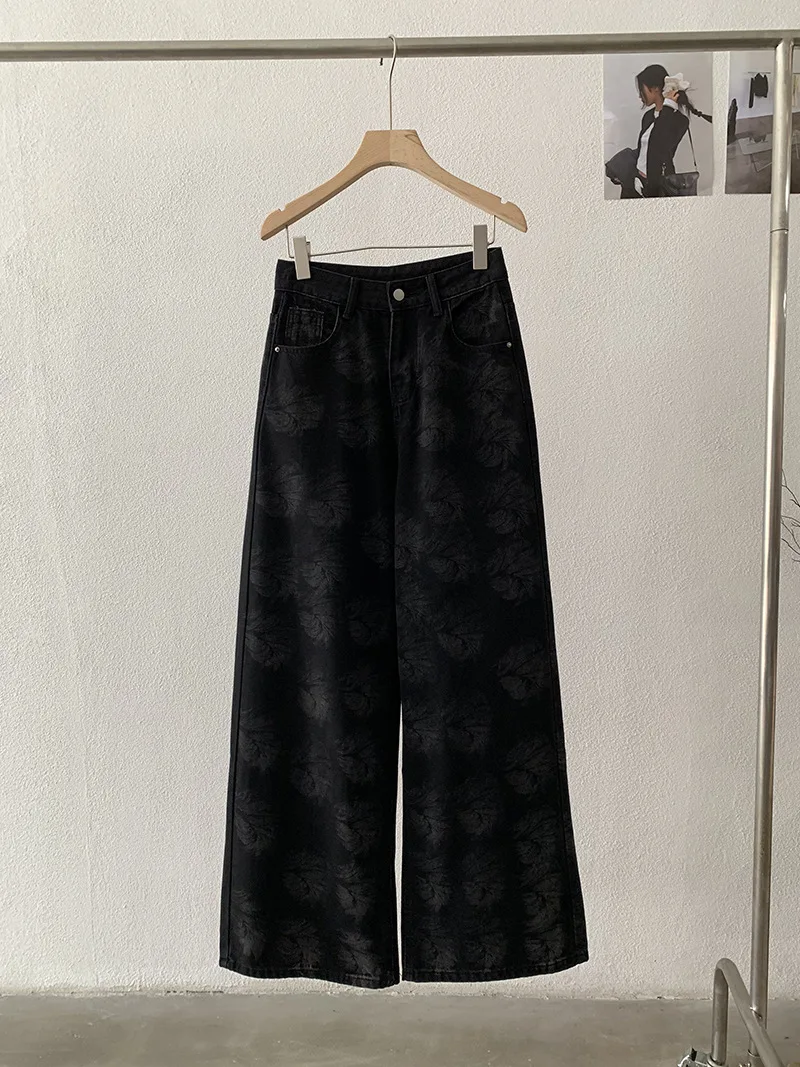 

Осенние потертые джинсы с принтом для женщин, черные широкие джинсовые брюки с высокой талией, модные уличные женские прямые брюки