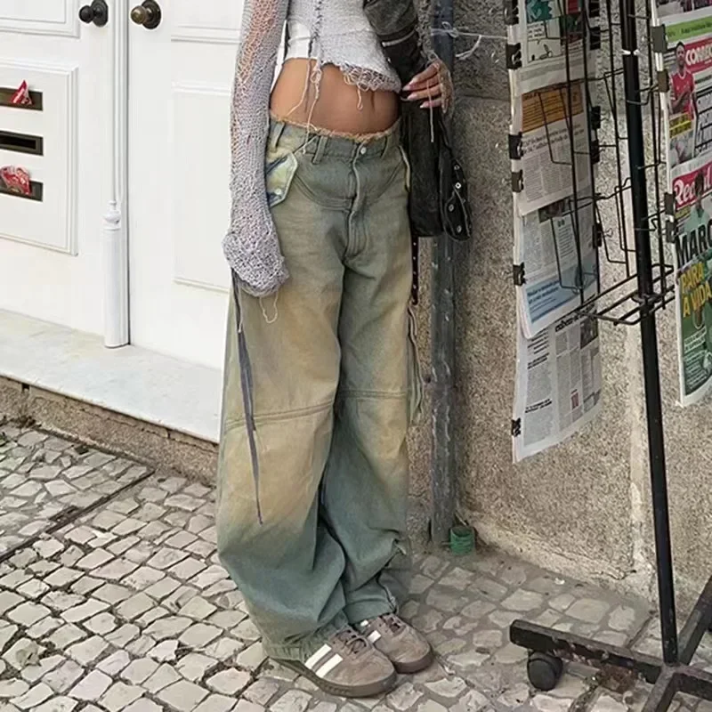 Women Jeans Flash Distressed Straight Pants Denim Spliced Pockets High Street Loose Low Waist Washing Zipper Flat Vintage Jean