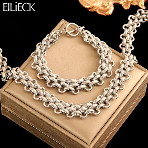EILIECK 316L 스테인레스 스틸 실버 컬러 쿠바 체인 성명 목걸이 팔찌 세트 매력 패션 여성 방수 쥬얼리 세트