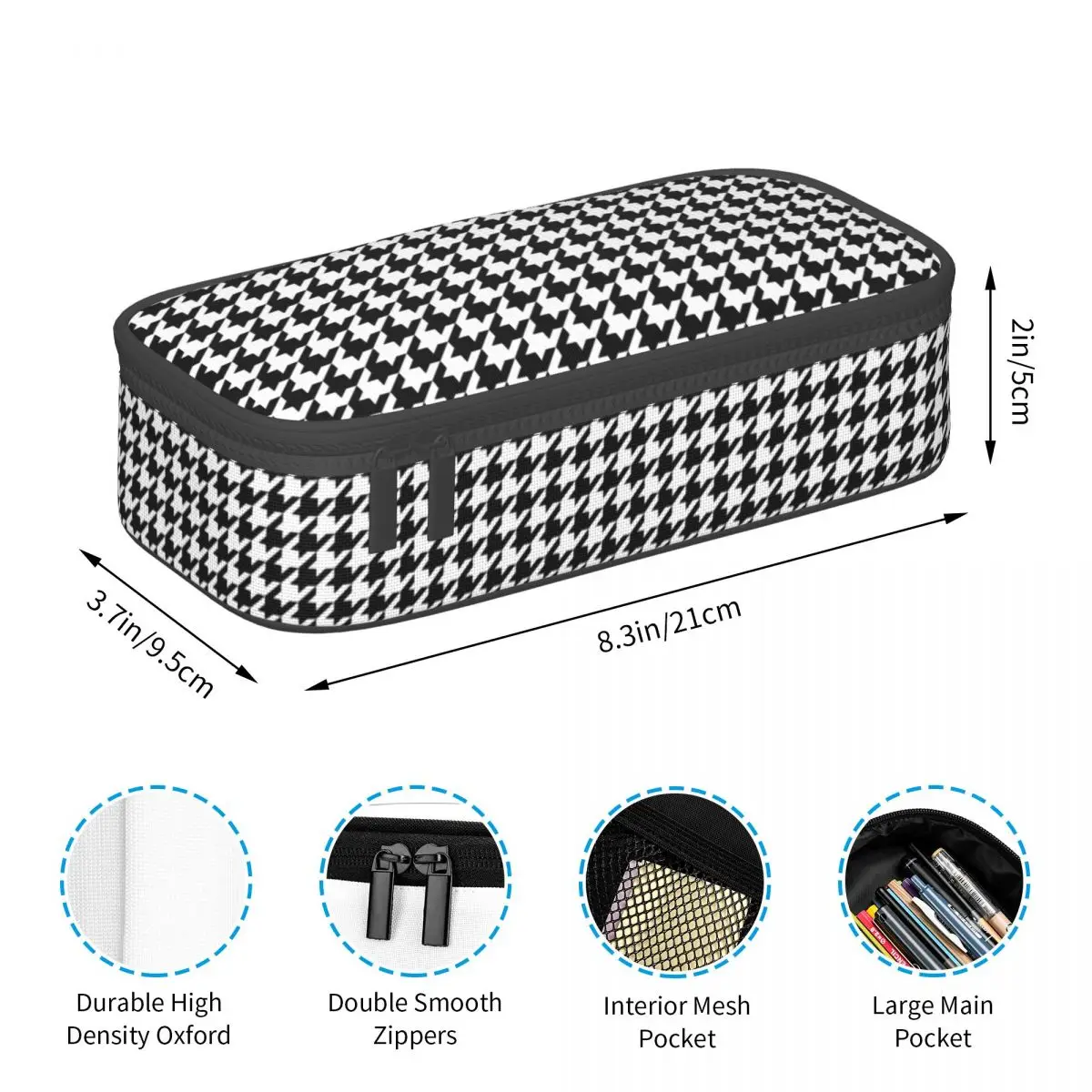 Imagem -05 - Xadrez Kawaii Lápis Case Lápis Geométrico Pouch Grande Capacidade Personalizado Houndstooth Material Escolar Preto e Branco