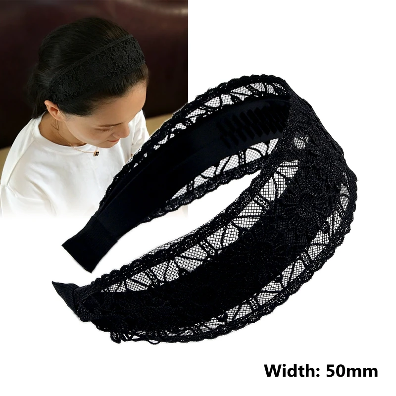 New Black Wide-brimmed Headband Women Solid Color Lace Hairband knitting Hair Hoop Girls Retro makeup Hair Accessories