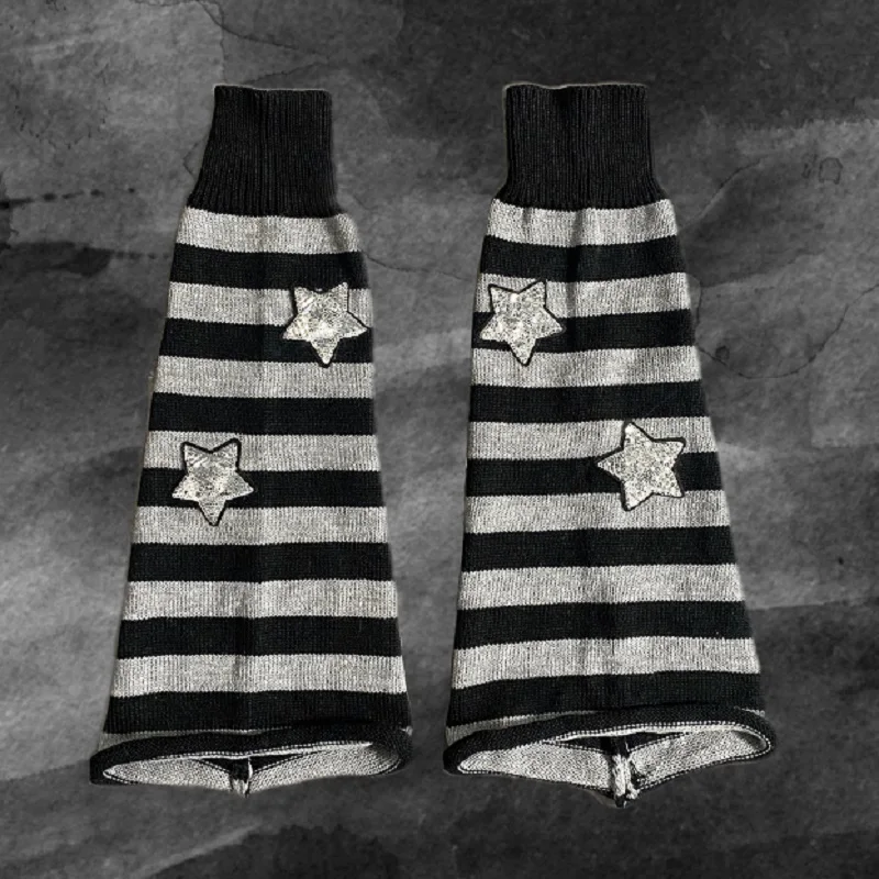 Mikumn Harajuku Women Winter Leg Warmers Socks Japanese Girl Gothic Striped Stars Knitted Warmer Long Socks Punk Foot Cover