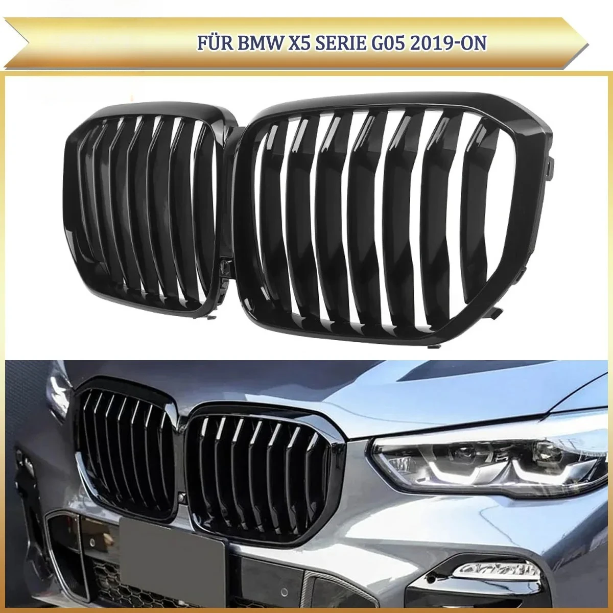 Gloss Black Front Kidney Grille Compatible with BMW X5 G05 30d 40i 50i M50d 2019-2022 Front Bumper Center Radiator Grill