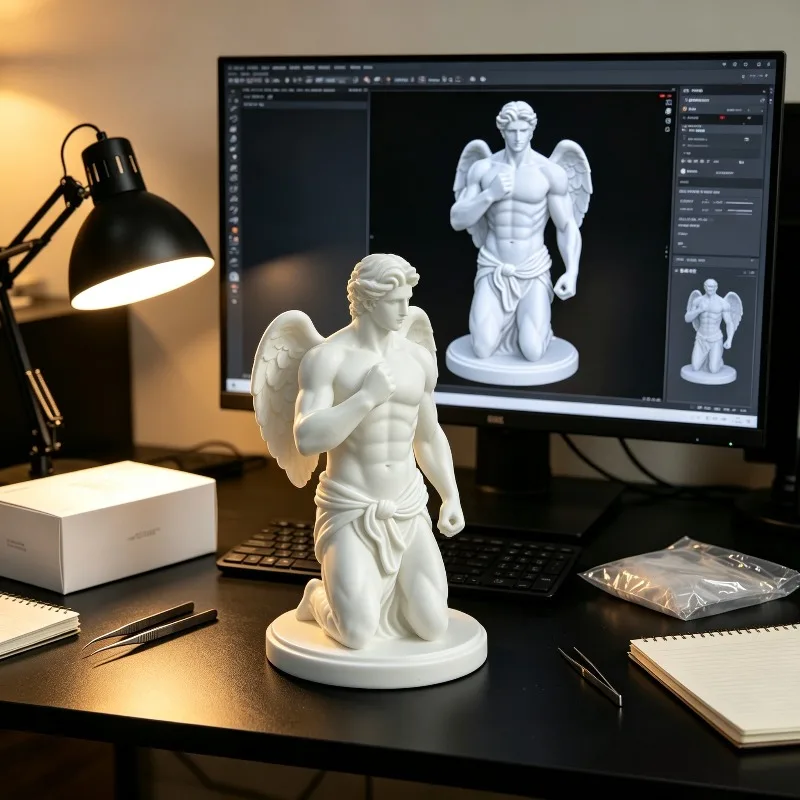 New 3D printed kneeling posture muscular winged angel statue Greek mythology plastic sculpture can be