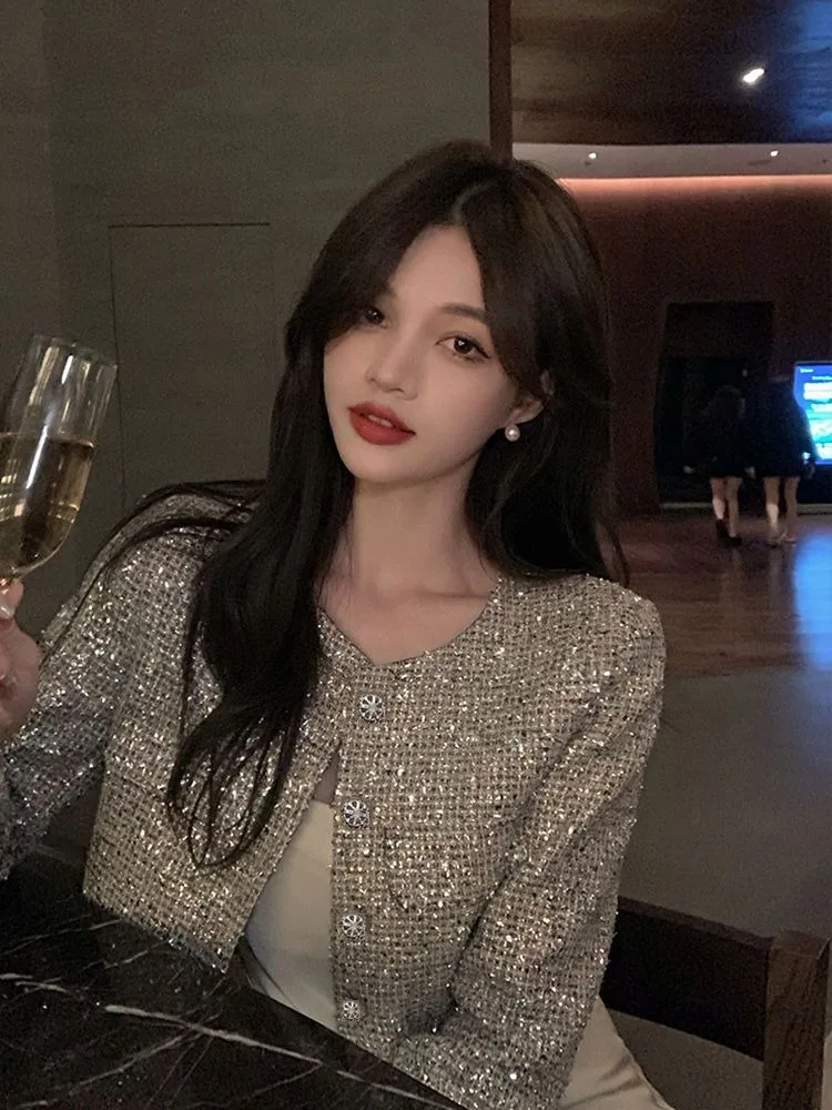 

Heavy Tweed Coat Women Japan Korean Sequins Jackets Casual Aesthetic Tops Mujer Куртка Женская New Vestes Femmes