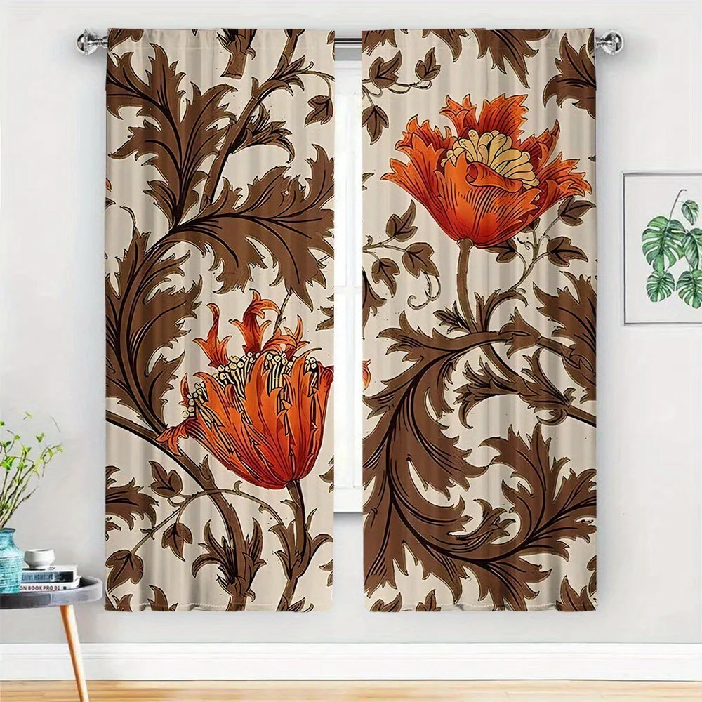 2PC Bohemian Poppies Floral Curtain Drapes Vintage Ornate Leaf Print Brown Autumn Window Panel for Living Room Home Decor