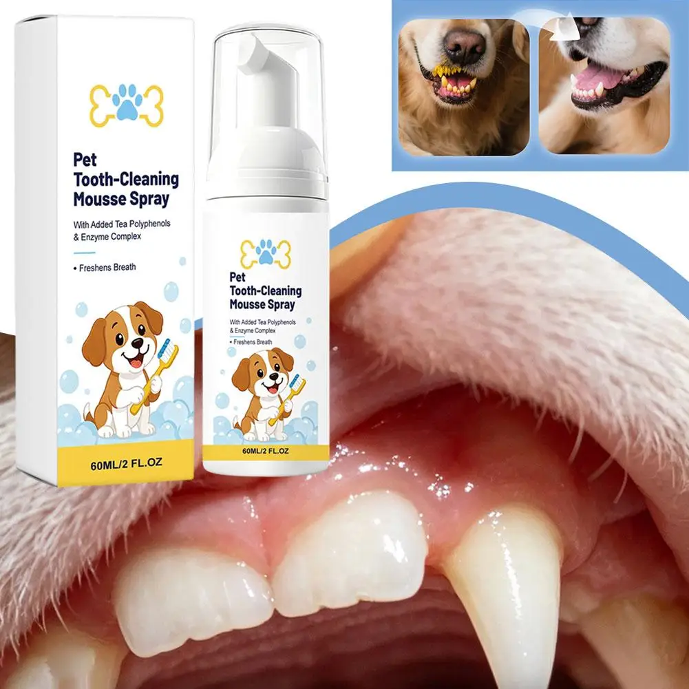 Espuma Limpiadora Dental para Mascotas de 60 ml, con Polifenoles del Té y Enzimas, Eliminador de Placa y Sarro, Refrescante Bucal para Perros y Gatos