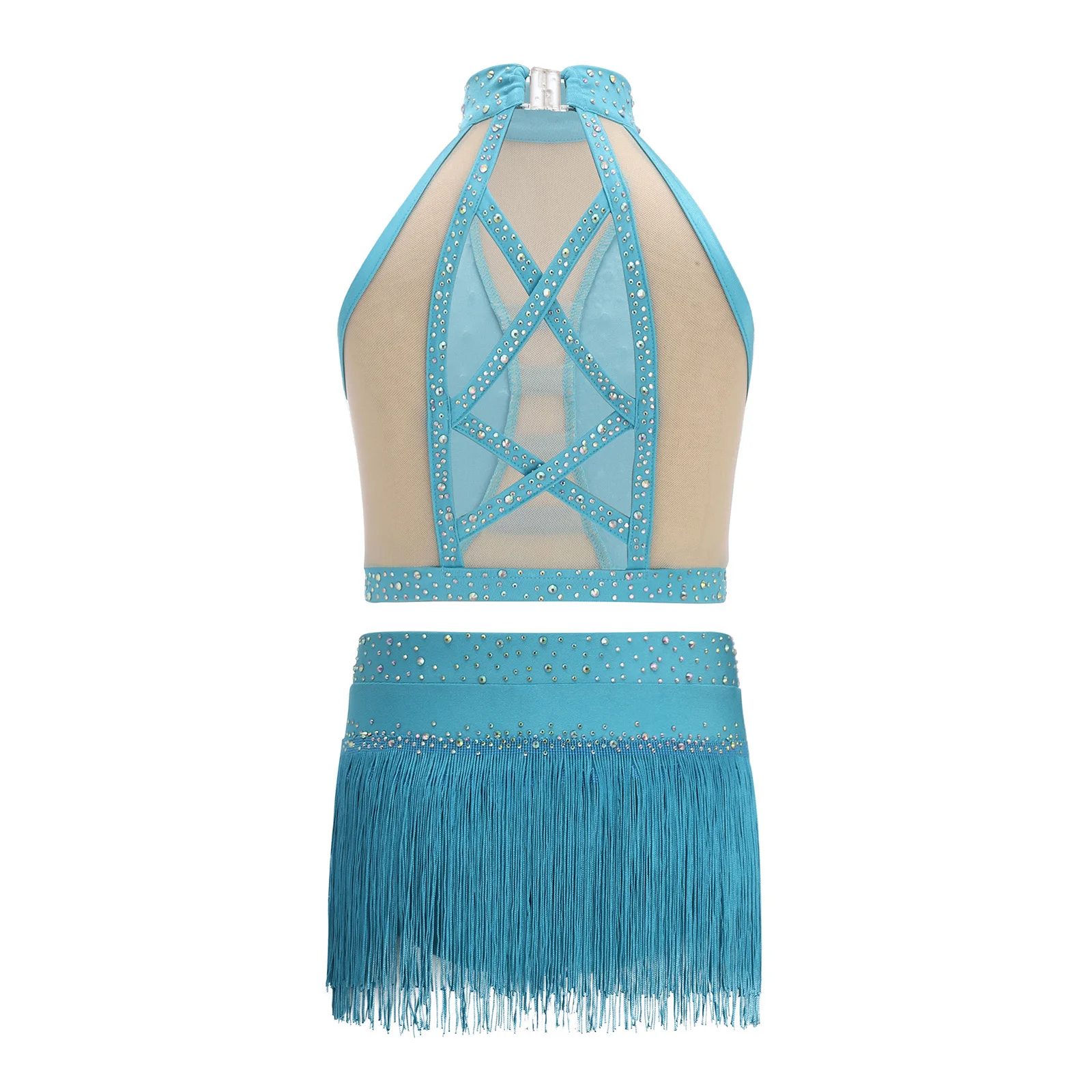 Kids Girls Tassel Latin Dance Costume Halter Sleeveless Mesh Rhinestones Crop Top and Briefs Skirt for Tango Cha-cha Samba dance