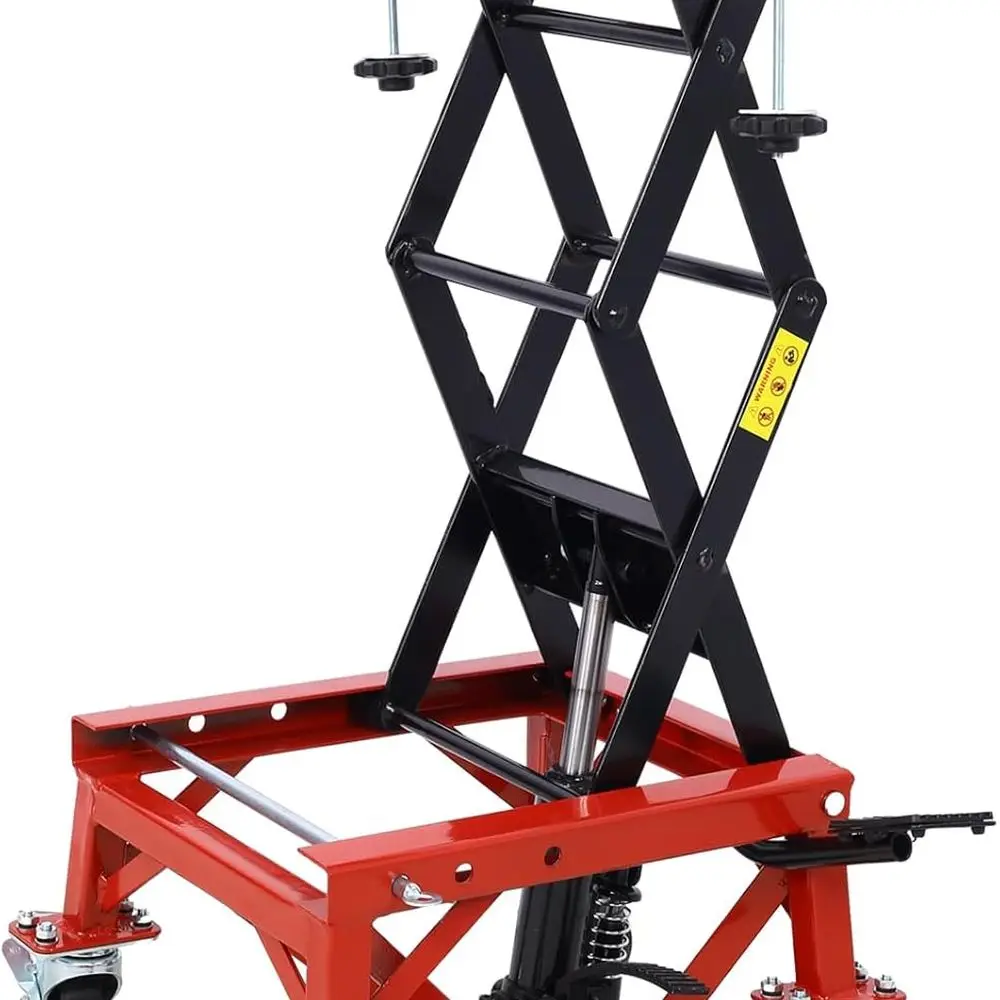 

Красный гидравлический ножничный домкрат емкостью 300 фунтов для небольших мотоциклов с подъемной ступенькой и колесами