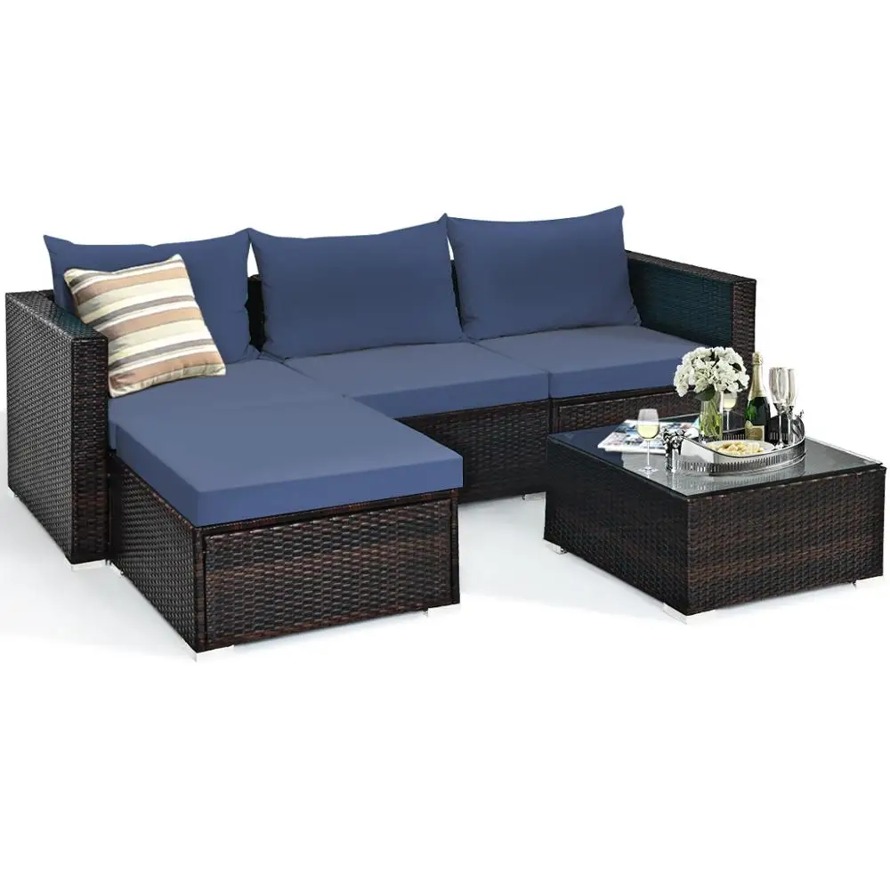 5PCS Patio Rattan Furniture Set Sectional Conversation Sofa w/ Coffee Table