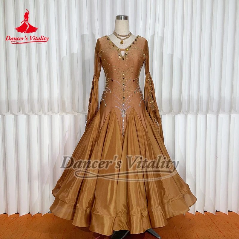 

Номер 1227, фокстрот, коричневый жемчуг, шелковая одежда для взрослых и женщин, бальные танцы, V-образная спинка, профессиональный конкурс, большие свободные платья на заказ