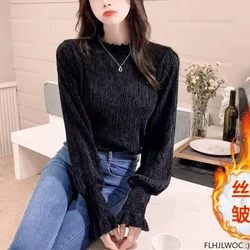 Half Turtleneck Tops Blouses 2024 Winter Spring Basic Wear Women Long Sleeve French Design Casual Ruffles Black Velvet Top