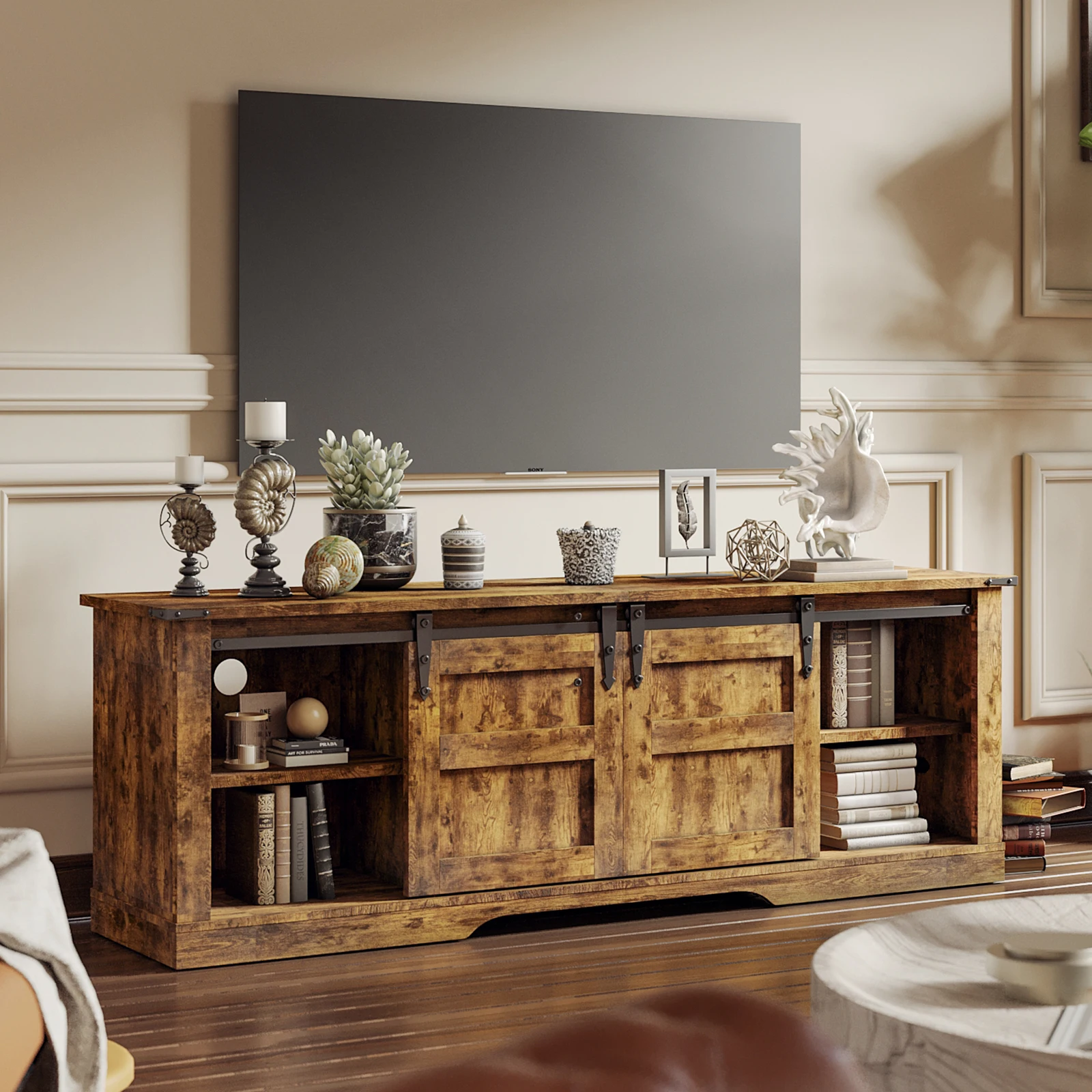65” TV Entertainment Center with Storage Cabinets and Sliding Barn Doors, Rustic Media TV Console Table for Living Room image 5